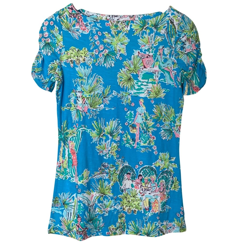 LILLY PULITZER Jungle Glam Toile Lana Ruched Sleeve Top Sz M Teal Blue Cotton